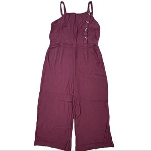 Moral Fiber size medium maroon sleeveless capri jumpsuit, side button accents